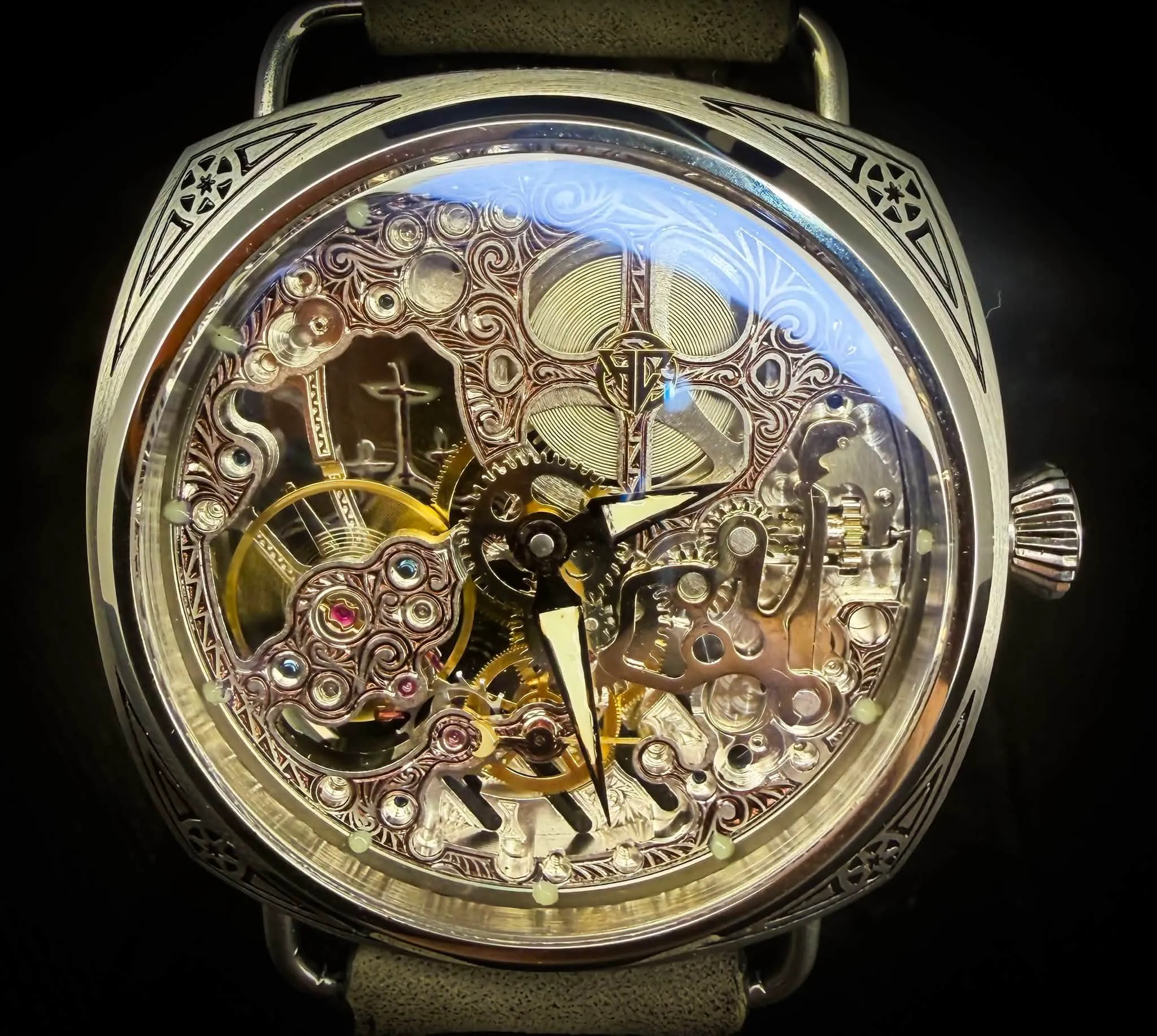 Cushion Engraved Stainless ETA 6498 — Cushion-style engraved stainless case custom build, Reno